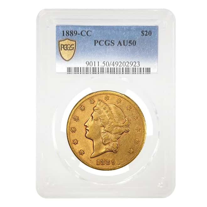 1889-CC $20 Liberty Head Gold Double Eagle Coin PCGS AU 50