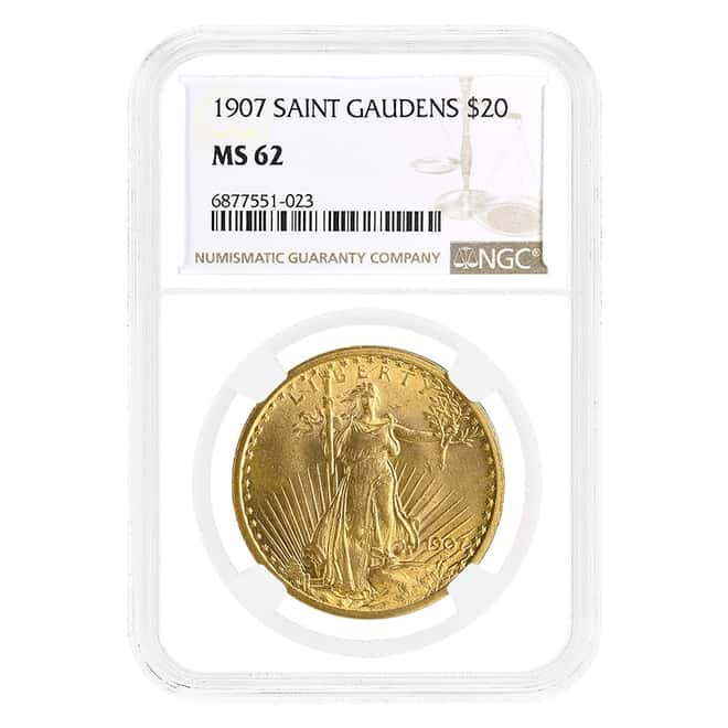 1907 $20 Gold Saint Gaudens Double Eagle Coin NGC MS 62