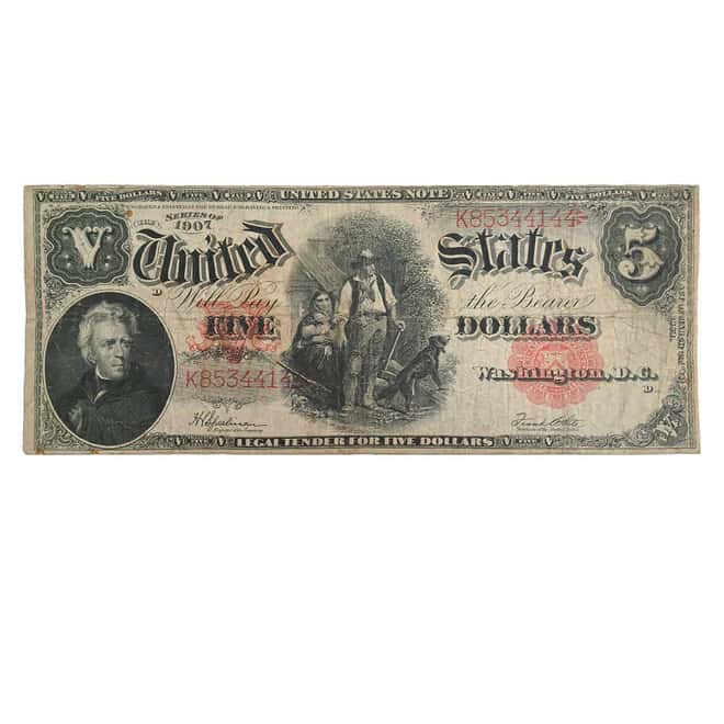 1907 $5 Legal Tender United States Woodchopper Currency Note Circulated