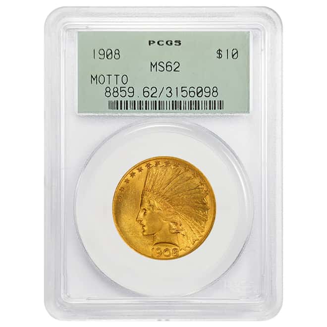 1908 $10 Indian Head Gold Eagle Coin Motto PCGS MS 62