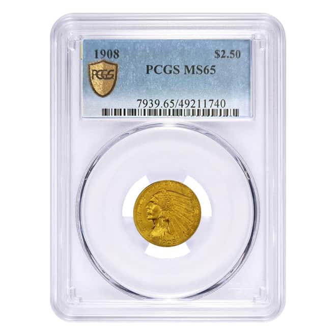 1908 $2.5 Indian Head Quarter Eagle Gold Coin PCGS MS 65