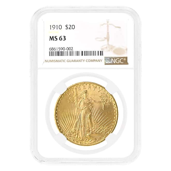 1910 $20 Gold Saint Gaudens Double Eagle Coin NGC MS 63
