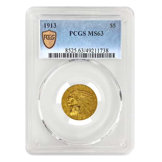 1913 $5 Indian Head Half Eagle Gold Coin PCGS MS 63