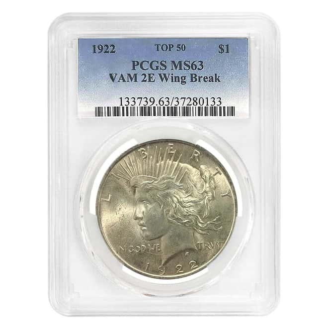 1922 Peace Silver Dollar $1 VAM 2E Wing Break PCGS MS 63