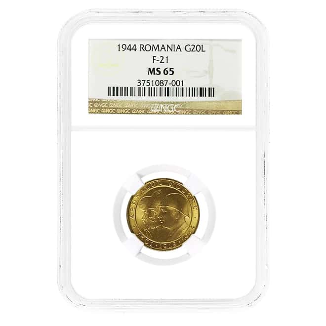 1944 Romania 20 Lei Romanian Kings Gold Coin NGC MS 65