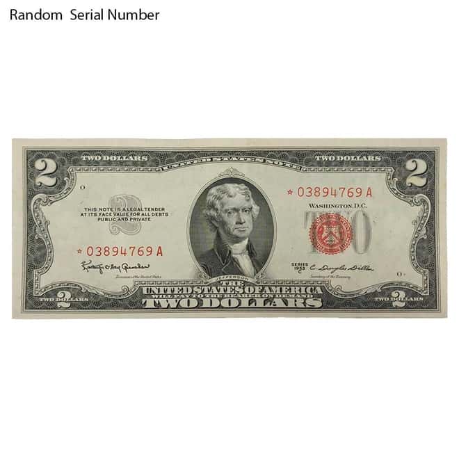 1953 $2 Bill Legal Tender Currency Star Note Red Seal AU/CU
