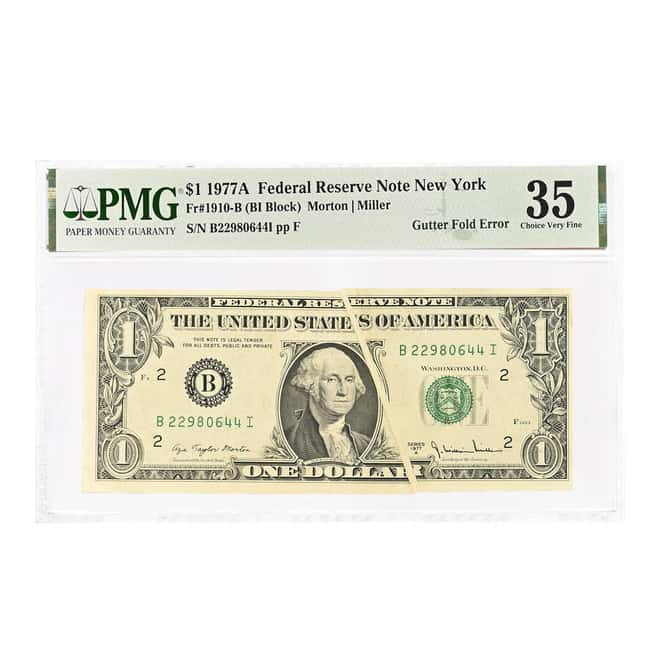 1977 $1 Federal Reserve Currency Note NY Gutter Fold PMG VF 35