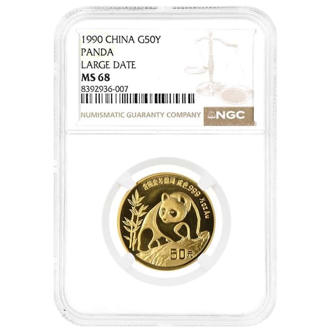 1990 1/2 oz Chinese Gold Panda 50 Yuan Large Date NGC MS 68