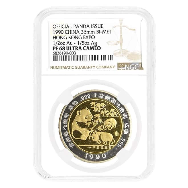 1990 1/2 oz Chinese Gold/Silver Panda Bimetallic HK Expo NGC PF 68