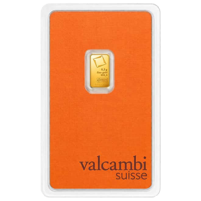 Box of 25 - 1/2 Gram Gold Bar Valcambi Suisse .9999 Fine (in Assay)