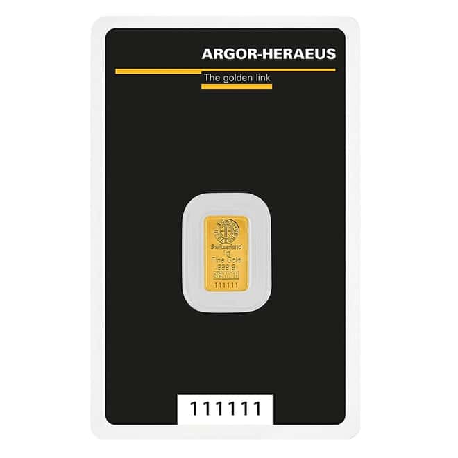 1 Gram Argor Heraeus Kinebar Gold Bar .9999 Fine (in Assay)