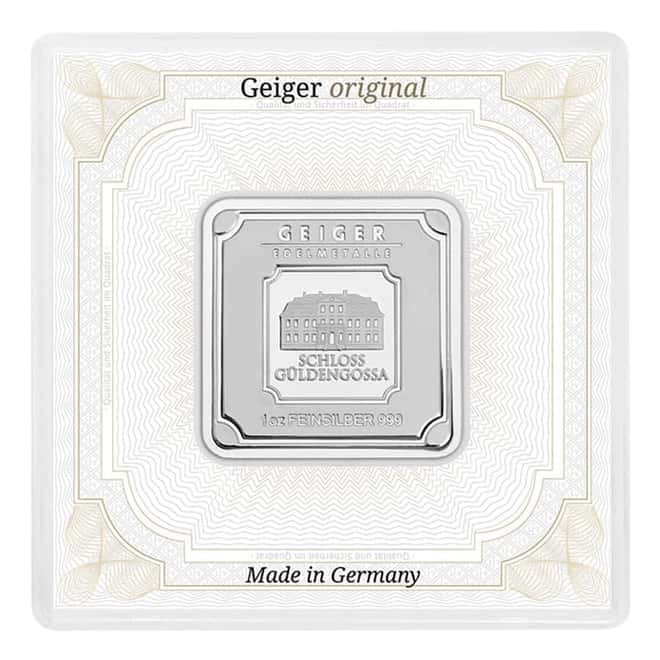 1 oz Geiger Original Square Silver Bar .999 Fine (In Assay)