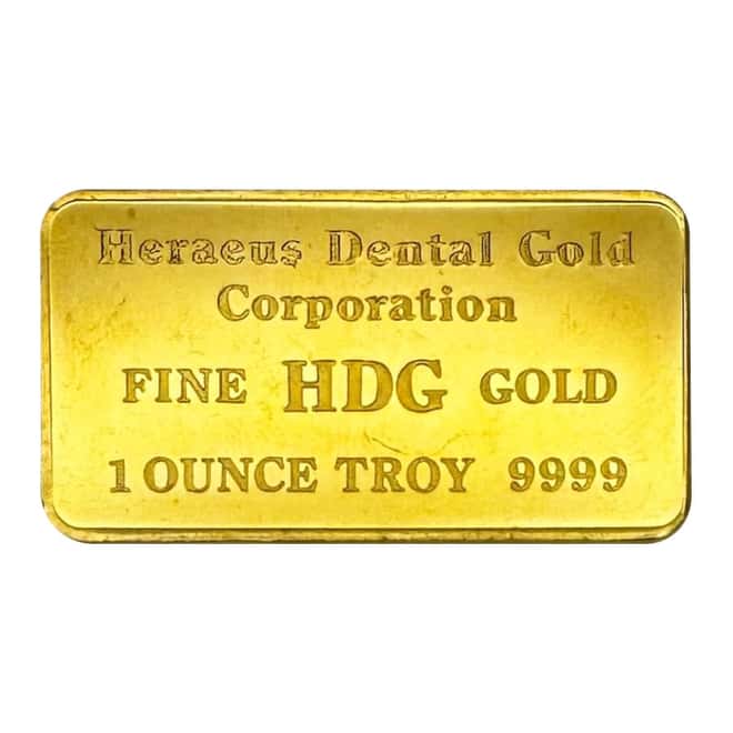 1 oz Heraeus Dental Corporation Gold Bar .9999 Fine