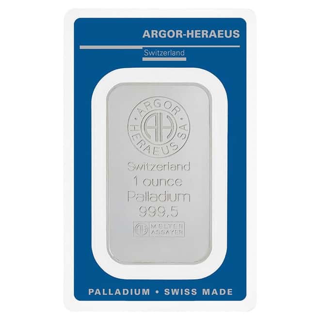 1 oz Palladium Bar - Argor-Heraeus .9995 Fine (In Assay)