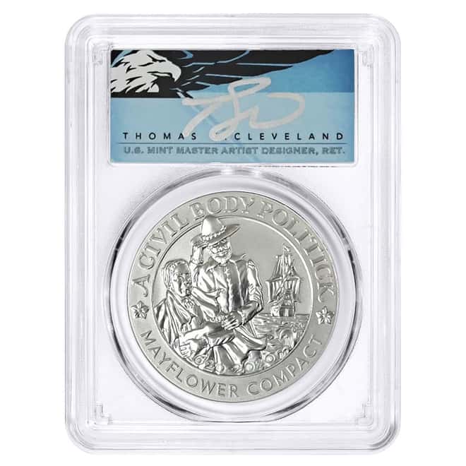 1 oz US Mayflower Rev Proof Silver Medal PCGS PF 70 (Cleveland Sign)