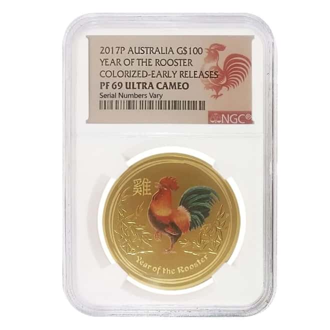 2017 1 oz Colorized Proof Gold Lunar Year of The Rooster Australia NGC PF 69 ER UCAM
