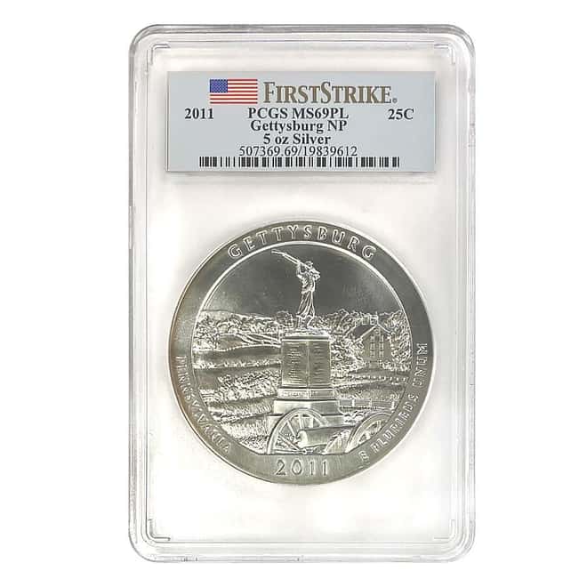 2011 5 oz Silver ATB Gettysburg National Military Park PCGS MS 69 PL