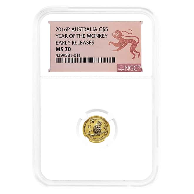 2016 1/20 oz Gold Lunar Monkey Australia Perth Mint NGC MS 70 ER