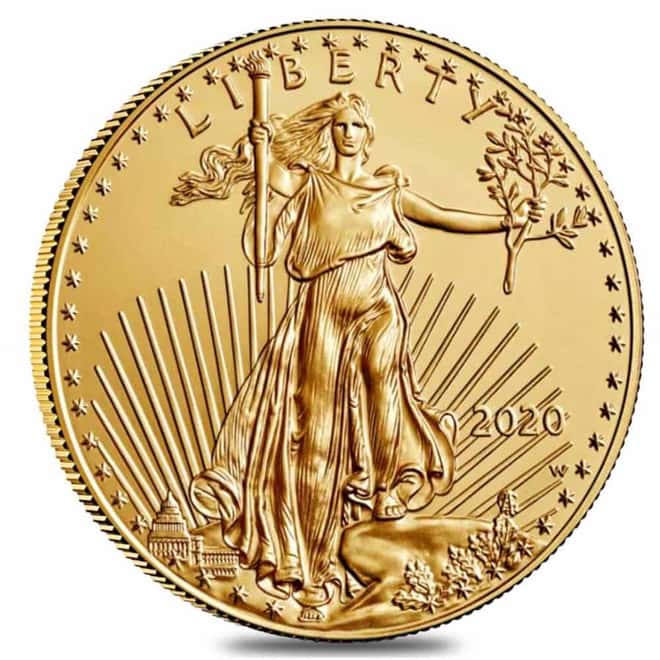 2020-W 1 oz $50 Burnished Gold American Eagle PCGS SP 70 FDOI