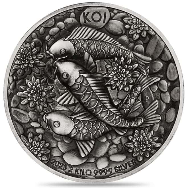 2023 2 Kilo Koi Fish Antiqued Silver Coin Australian Perth Mint