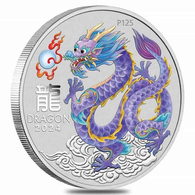 2024 1 oz Colorized Lunar Lilac Dragon Silver Coin BU Perth Mint