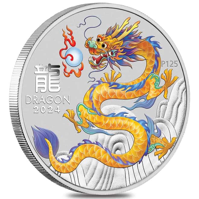 Box of 100 - 2024 1 oz Colorized Lunar Yellow Dragon Silver Coin BU Perth Mint