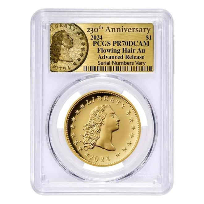 2024 1 oz Flowing Hair Proof Gold Coin 230th Ann. PCGS PF 70 AR (Flowing Hair)