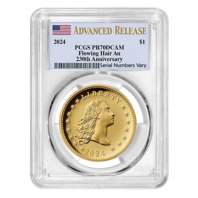 2024 1 oz Flowing Hair Proof Gold Coin 230th Ann. PCGS PF 70 AR