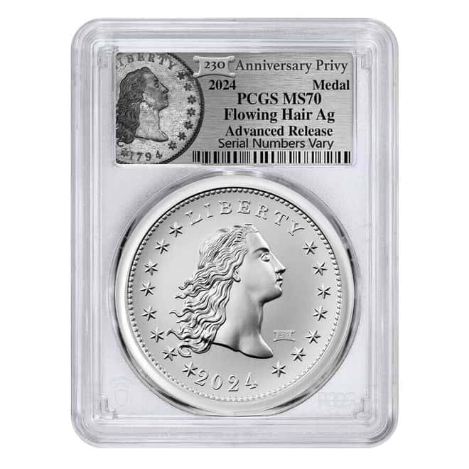 2024 230 Privy 1 oz Flowing Hair Silver Medal PCGS MS 70 AR (Flowing Hair)