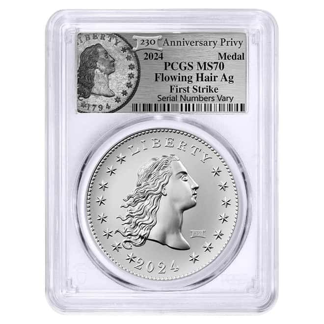 2024 230 Privy 1 oz Flowing Hair Silver Medal PCGS MS 70 FS (Flowing Hair)