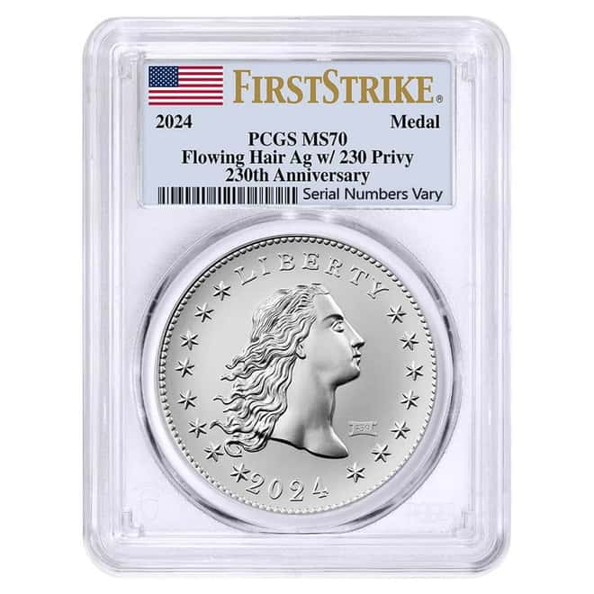 2024 230 Privy 1 oz Flowing Hair Silver Medal PCGS MS 70 FS
