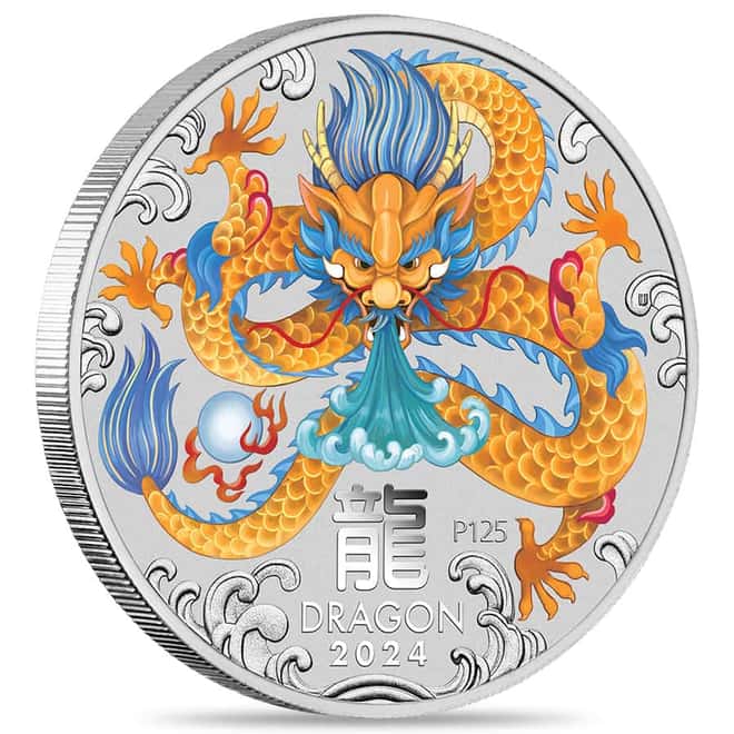 2024 5 oz Colorized Silver Lunar Dragon BU Perth Mint
