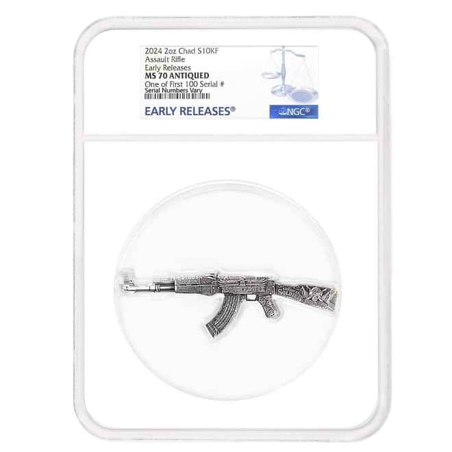 2024 Chad 2 oz Silver Assault Rifle Antiqued Coin NGC MS 70 ER One of First 100