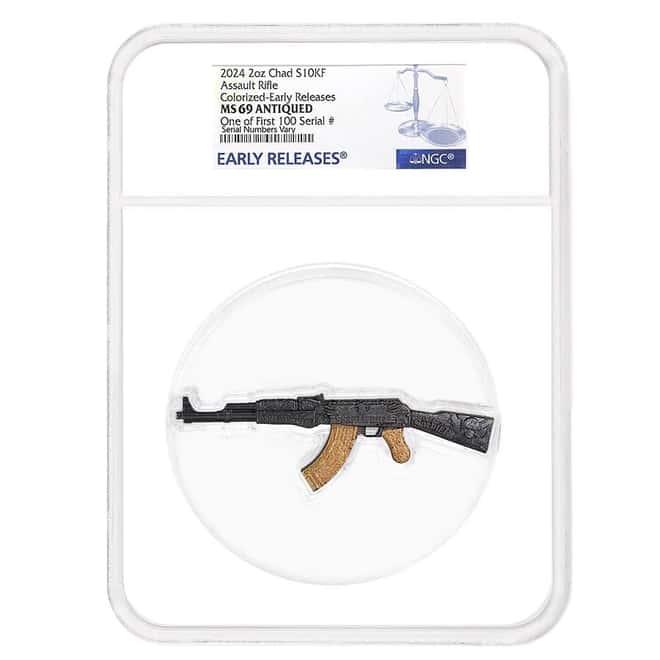 2024 Chad 2 oz Silver Assault Rifle Black & Gold NGC MS 69 ER One of First 100