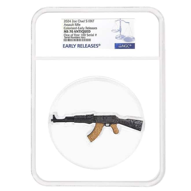 2024 Chad 2 oz Silver Assault Rifle Black & Gold NGC MS 70 ER One of First 100