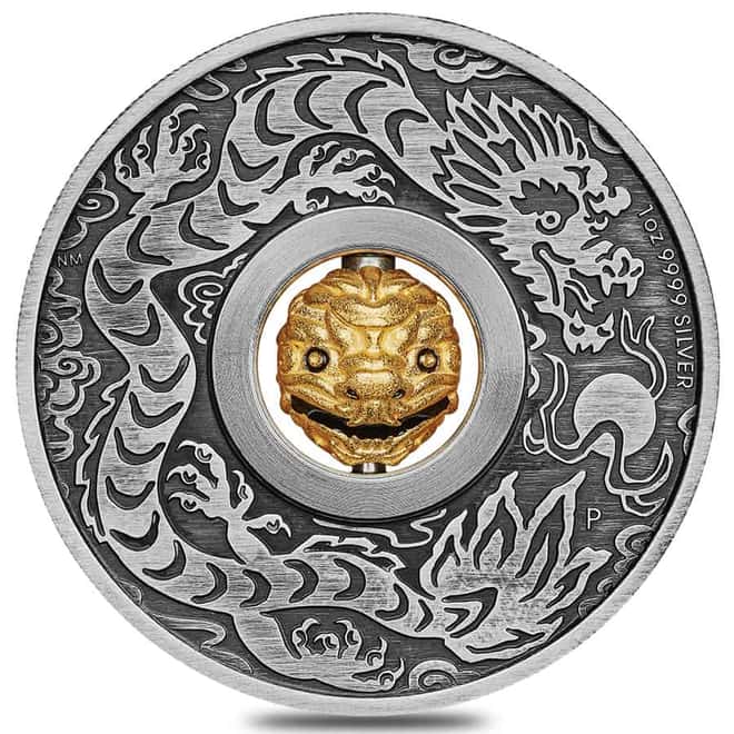 2024 Tuvalu 1 oz Antiqued Silver Lunar Dragon Rotating Charm Coin
