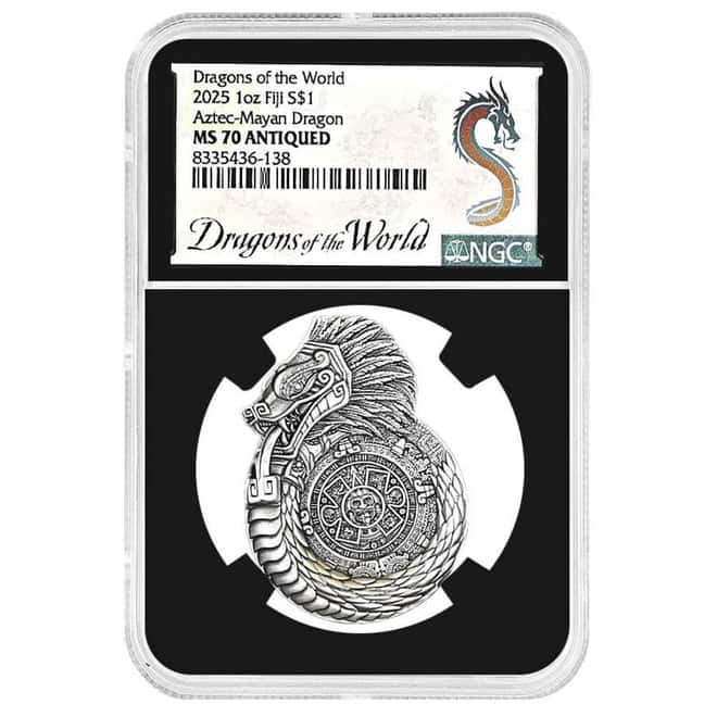 2025 1 oz Fiji Dragons of the World Aztec-Mayan Dragon Antiqued Silver Coin NGC MS 70