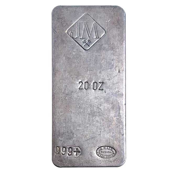20 oz Johnson Matthey Silver Bar .999+ Fine (Stamps on Flat Reverse, w/ Hallmark)