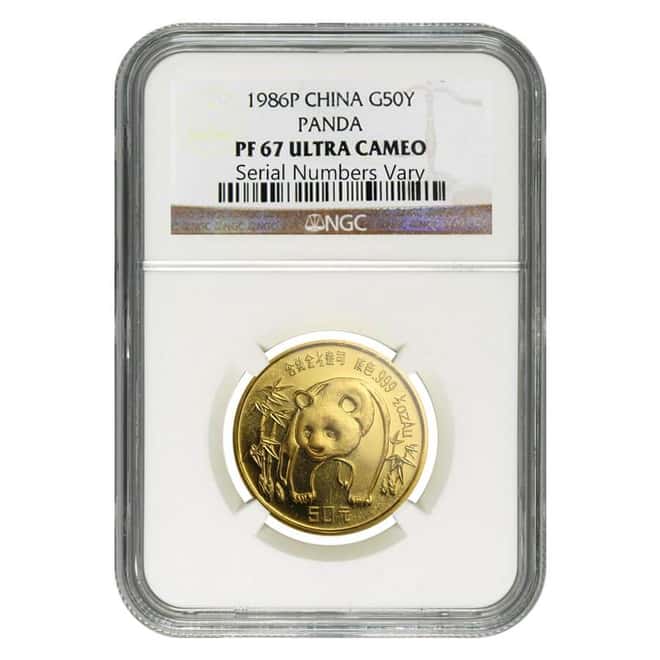 1986 P China 1/2 oz Gold Panda 50 Yuan NGC PF 67 UCAM