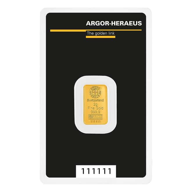 2 Gram Argor Heraeus Kinebar Gold Bar .9999 Fine (in Assay)