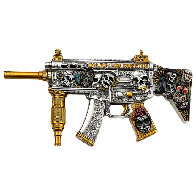 2 oz Dia de los Muertos Gun Shaped Silver .999 Fine Antiqued Finish