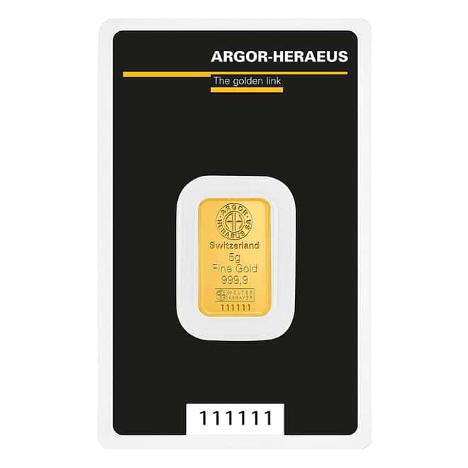 5 Gram Argor Heraeus Gold Bar .9999 Fine (in Assay)