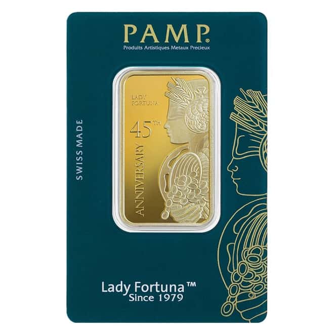 Box of 25 - 1 oz Gold Bar PAMP Suisse Lady Fortuna 45th Ann (In Assay)