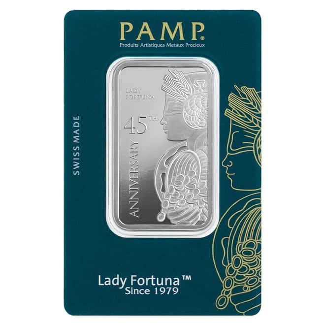 1 oz Silver Bar PAMP Suisse Lady Fortuna 45th Ann (in Assay)