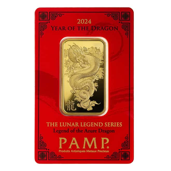 Box of 25 2024 1 Oz Pamp Suisse Lunar Dragon Gold Bar in Assay