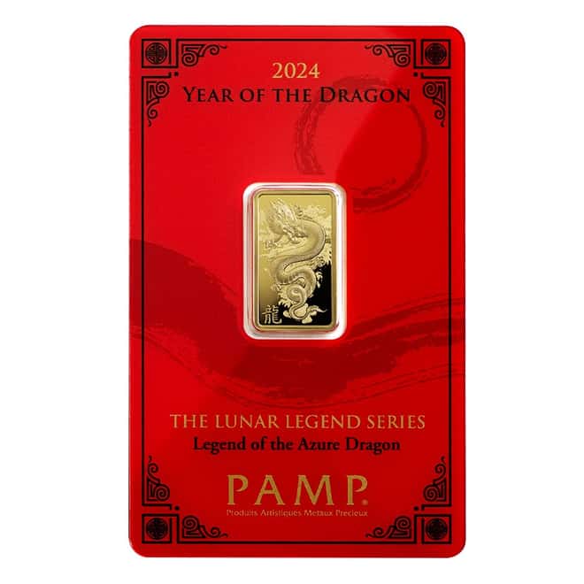 Box of 25 - 2024 5 gram PAMP Suisse Lunar Dragon Gold Bar (In Assay)