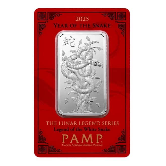 Box of 25 - 2025 1 oz PAMP Suisse Lunar White Snake Silver Bar (in Assay)