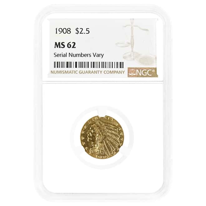 1908 $2.5 Indian Head Quarter Eagle Gold Coin NGC MS 62