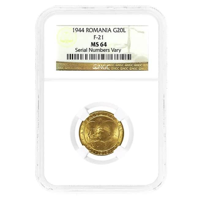 1944 Romania 20 Lei Romanian Kings Gold Coin NGC MS 64
