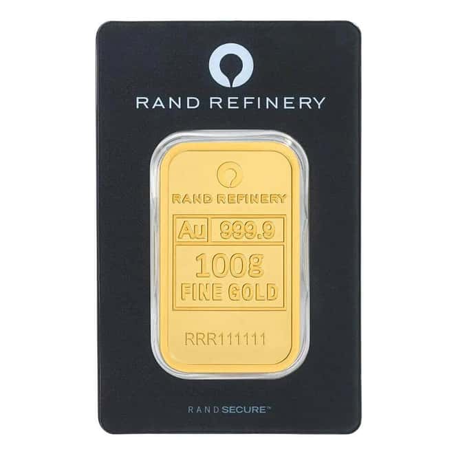 100 Gram Rand Refinery Gold Bar .9999 Fine (in Assay)